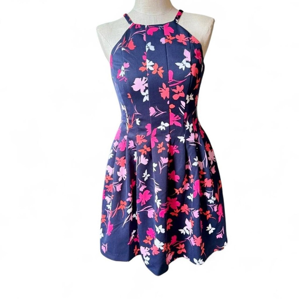 Vince Camuto Navy Blue Floral Pleated Fit & Flare Dress